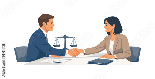 Two business professionals reaching a mutual agreement in a formal meeting setting, represented by two people seated across a table extending a handshake with a simple