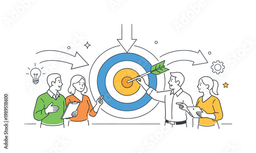 A collaborative goal alignment and shared direction scene featuring a small group coordinating efforts around a large target and connecting arrows, using a simple visual