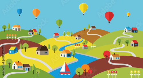 Colorful illustration of a countryside landscape with hot air balloons