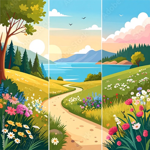 Colorful Landscape Vector Illustration Of A Winding Path Through Flower Meadows Towards A Serene Lake And Mountains At Sunrise With Flying Birds