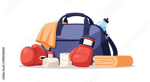 Flat lay illustration of a blue gym bag with boxing gloves, towel, water bottle, and other fitness equipment on a white background.
