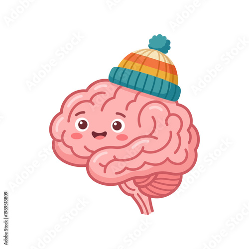 A smiling cartoon brain wearing a colorful beanie hat on its head happily