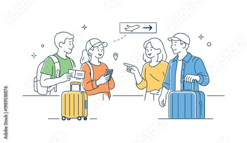 A travel departure scenario where passengers prepare to leave for a journey at an airport or station, shown through a small group interacting near a simple suitcase and