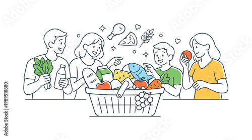 A culinary and grocery concept where different food categories are combined to represent choice and abundance in everyday meals, represented by a minimal composition of