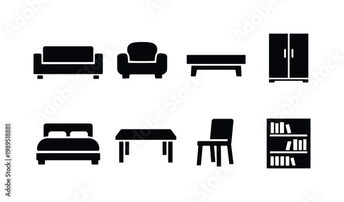 Home furniture essentials: sofa, armchair, coffee table, bed, wardrobe, dining table, chair, bookshelf.