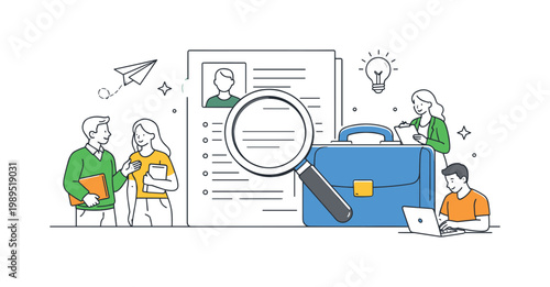 Career development and job seeking in a professional context where individuals explore opportunities and prepare for employment, represented by a clear visual metaphor of