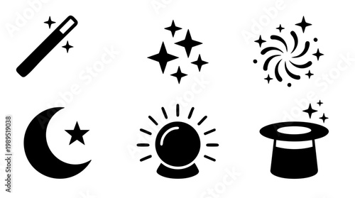 Magic icons in mystic environment with wand, crystal, firework, moon, hat
