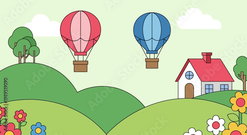 Colorful hot air balloons float above a whimsical landscape with a house