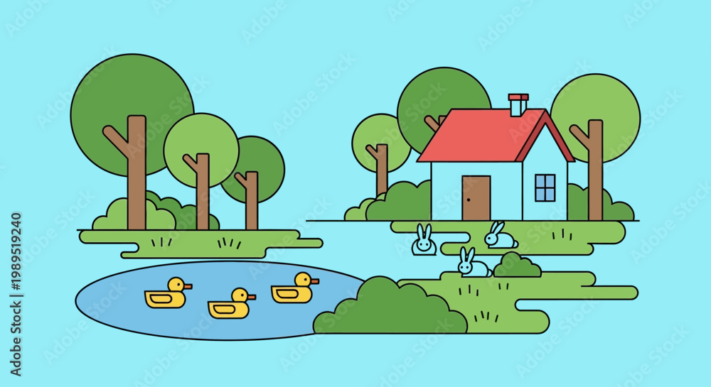 Fototapeta premium A colorful illustration depicts a house trees rabbits and ducks