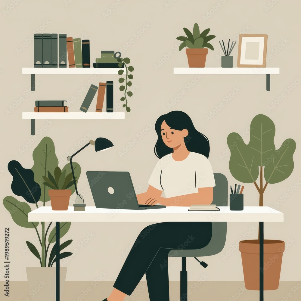Fototapeta premium Woman Working on Laptop at Home Office Desk