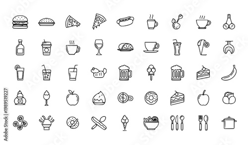Food and drink line icon set with fast food beverages and restaurant symbols in minimal vector style