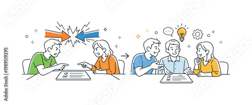 Workplace disagreement between team members during a project discussion, represented by two opposing arrows colliding over a shared document on a table, with a third