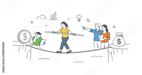 People navigating financial challenges and budgeting concerns in a modern economic environment to maintain stability, represented through a metaphor of a tight rope