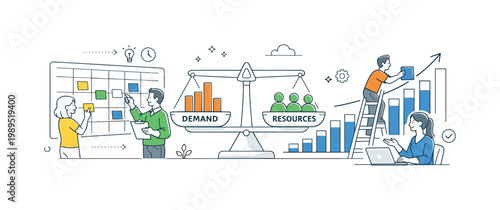 A capacity planning and workload forecasting scene showing a small team distributing tasks around a large grid and a bar chart, using a clear visual metaphor of balancing