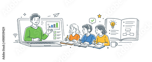 Online lecture knowledge sharing scenario showing an instructor delivering structured content while learners follow along and take notes in a remote environment, using a