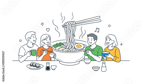 People enjoying a casual dining experience together in a modern lifestyle setting, illustrated through a clear metaphor of a large steaming ramen bowl with chopsticks