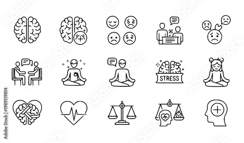 Psychology mental wellness outline icon set self care vector