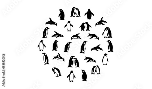 Penguin silhouette icon collection with arctic birds in circular layout minimal vector design