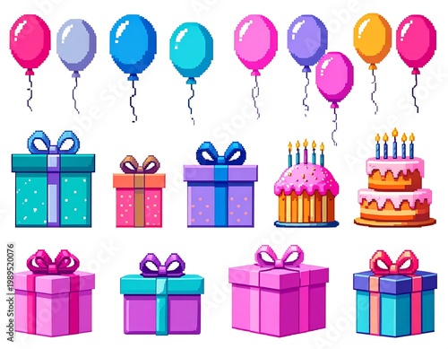 Birthday Party Celebration Elements Pixel Art Set In Vibrant Colors Gift Boxes Balloons And Cakes Isolated On White Background