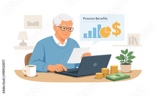 A pension support scenario where a senior reviews retirement benefits and manages personal finances in a quiet home setting, illustrating independence, planning, and