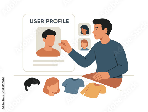 User profile creation scene where an individual selects and refines visual characteristics of a digital persona, emphasizing customization, identity building, and