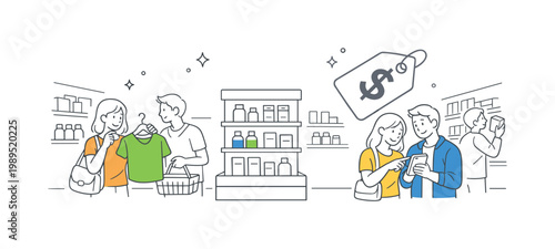 Retail browsing in-store experience scenario showing shoppers interacting with products and navigating aisles in a contemporary retail space, with a product display stand