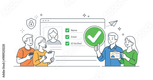 User profile verification scenario showing users confirming identity and profile details within a secure system, with a profile screen and a single checkmark badge as the