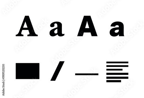 Typography basics: uppercase letter A, lowercase letter a, serif letter, sans serif letter, bold text block, italic text slant, underline symbol, text alignment lines.