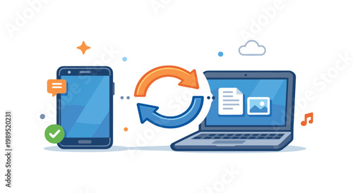 Device synchronization concept focused on keeping data consistent across multiple digital devices in a connected environment, a smartphone connected to a laptop with a
