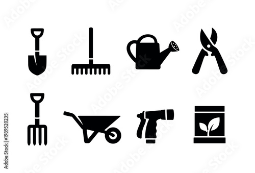 Gardening tools: shovel, rake, watering can, pruning shears, garden fork, wheelbarrow, hose nozzle, seed packet.