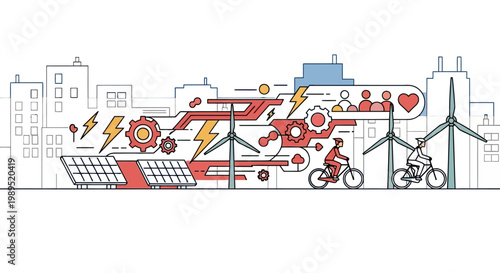 Sustainable city illustration featuring renewable energy and active transportation
