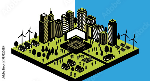 Modern city landscape contrasts with renewable energy sources and residential areas