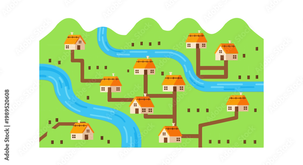 Fototapeta premium A colorful illustrated landscape featuring houses and a winding river