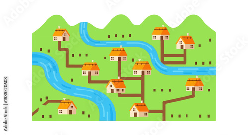 A colorful illustrated landscape featuring houses and a winding river
