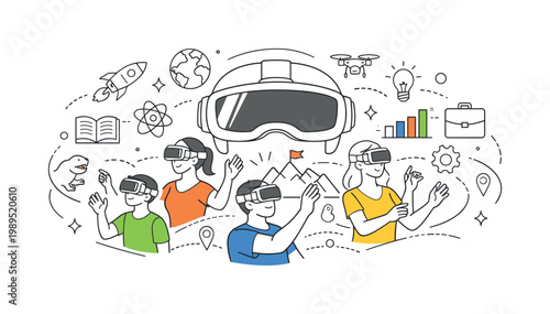 Individuals experiencing immersive digital environments using virtual reality technology in entertainment, education, or professional contexts, illustrated through a