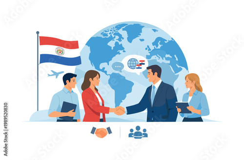 International relations and global presence scenario highlighting Paraguay participation in worldwide cooperation, symbolized by a Paraguay flag paired with a simplified