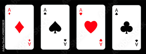 Playing card set. Four aces icon. Poker cards suits. Hearts, clubs, diamonds, spades ace line. Winning poker hand. Las Vegas Casino gambling concept. Flat design. Isolated. Black background. Vector