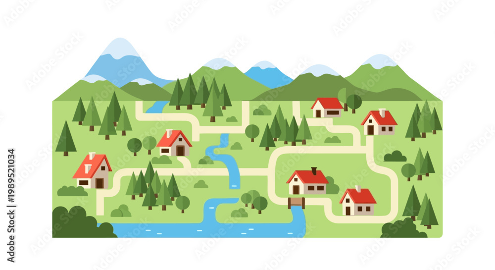 Fototapeta premium Cartoon illustration of a small village nestled among rolling green hills