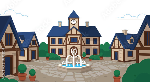 Charming european town square with a clock tower and central fountain