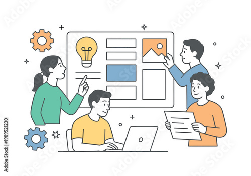 Creative process and product development in a modern design environment where ideas evolve from concept to final solution through structured workflows, represented by a