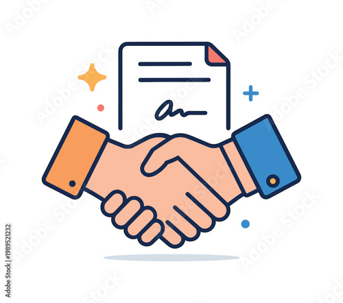 Business negotiation scenario focused on reaching mutually beneficial agreements between partners in a professional setting, two simplified hands in a handshake connected