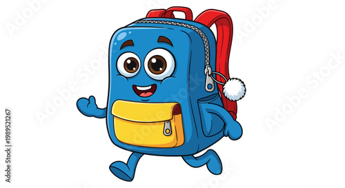 Cute anthropomorphic blue backpack with a yellow pocket and red straps running with a joyful expression, perfect for educational or travel themes