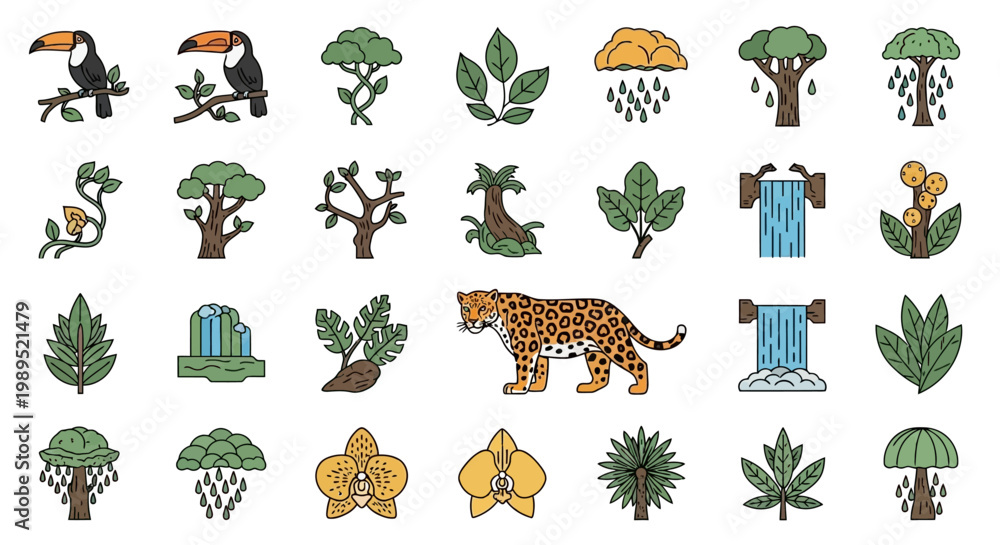 Fototapeta premium Collection of jungle elements: jaguar, toucans, trees, flowers, waterfall, rain