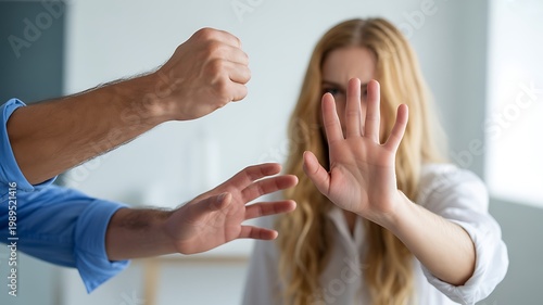 Man raising fist towards woman putting hand up in defensive gesture