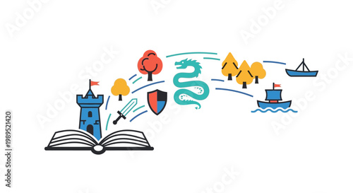 A fairytale world unfolds from an open storybook with colorful icons