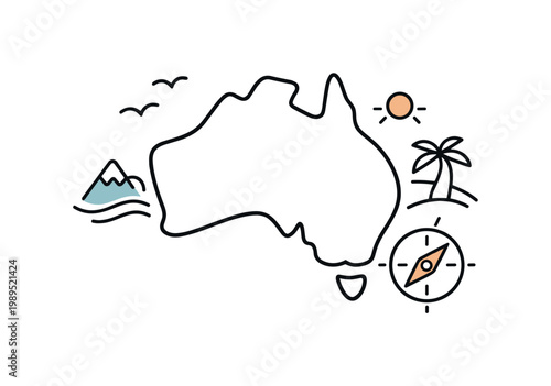 Travel planning and destination exploration centered on a unique continent experience, a clean outline of Australia with a minimal compass element indicating navigation
