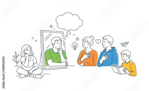 Self reflection personal development scene showing an individual thoughtfully reviewing their actions and emotions in a quiet environment, with a mirror and a single