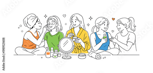 Relaxed girls night self-care session focused on wellness and personal time with close friends, depicted by a simple mirror and skincare items as the main elements,