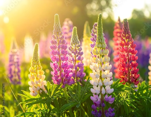 Colorful Lupine Flowers Blooming In A Meadow At Sunset With Warm Golden Sunlight Backlighting The Purple And Pink Petals