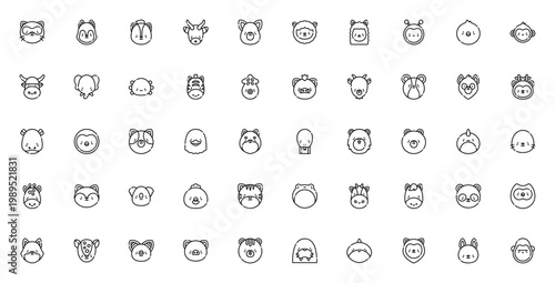 Animals icon set. Vector animal collection. Includes ferret, wolf, skunk, antelope, kangaroo, sheep, llama, bee, chicken, monkey and more. Editable stroke.